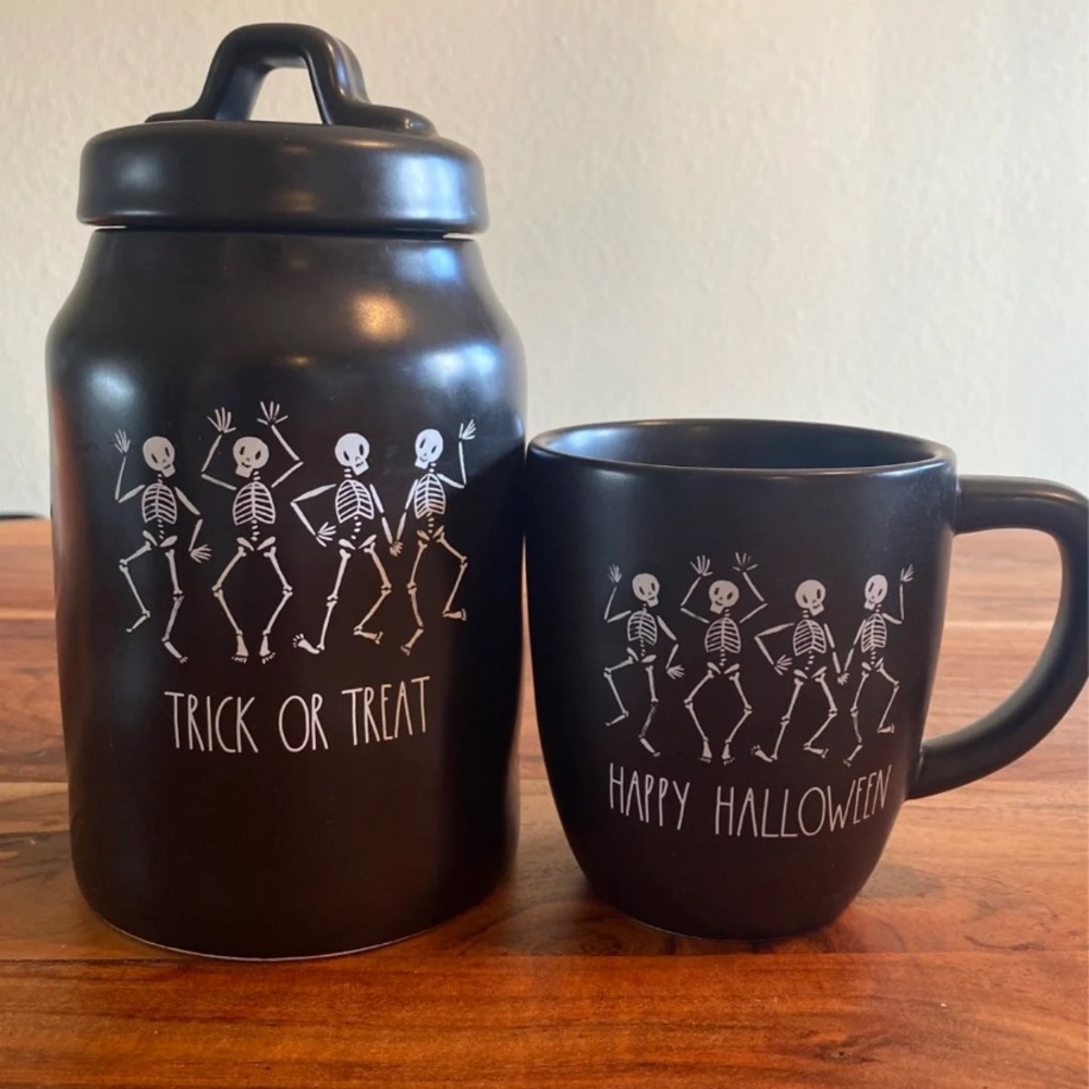 Rae Dunn Skeleton canister and mug